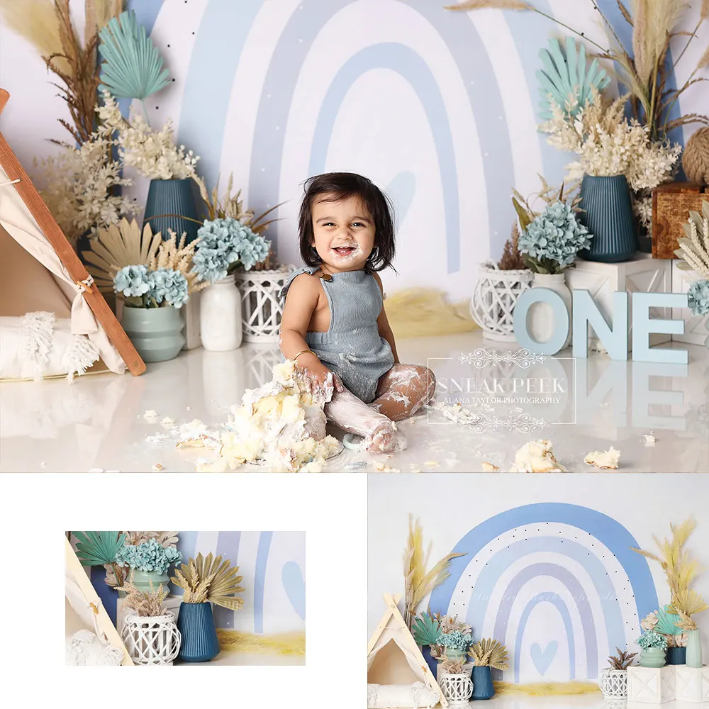 

Blue Boho Backdrop Kids Baby Cake Smash Photography Props Child Adult Girls Birthday Photocall Decor Studio Backgrounds