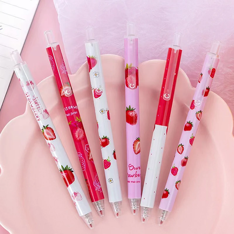 6pcs Sweet Strawberry Scented Retractable Gel Pens Classic Ballpoint Pen Writing Pen Office School Supplies Writing Stationery