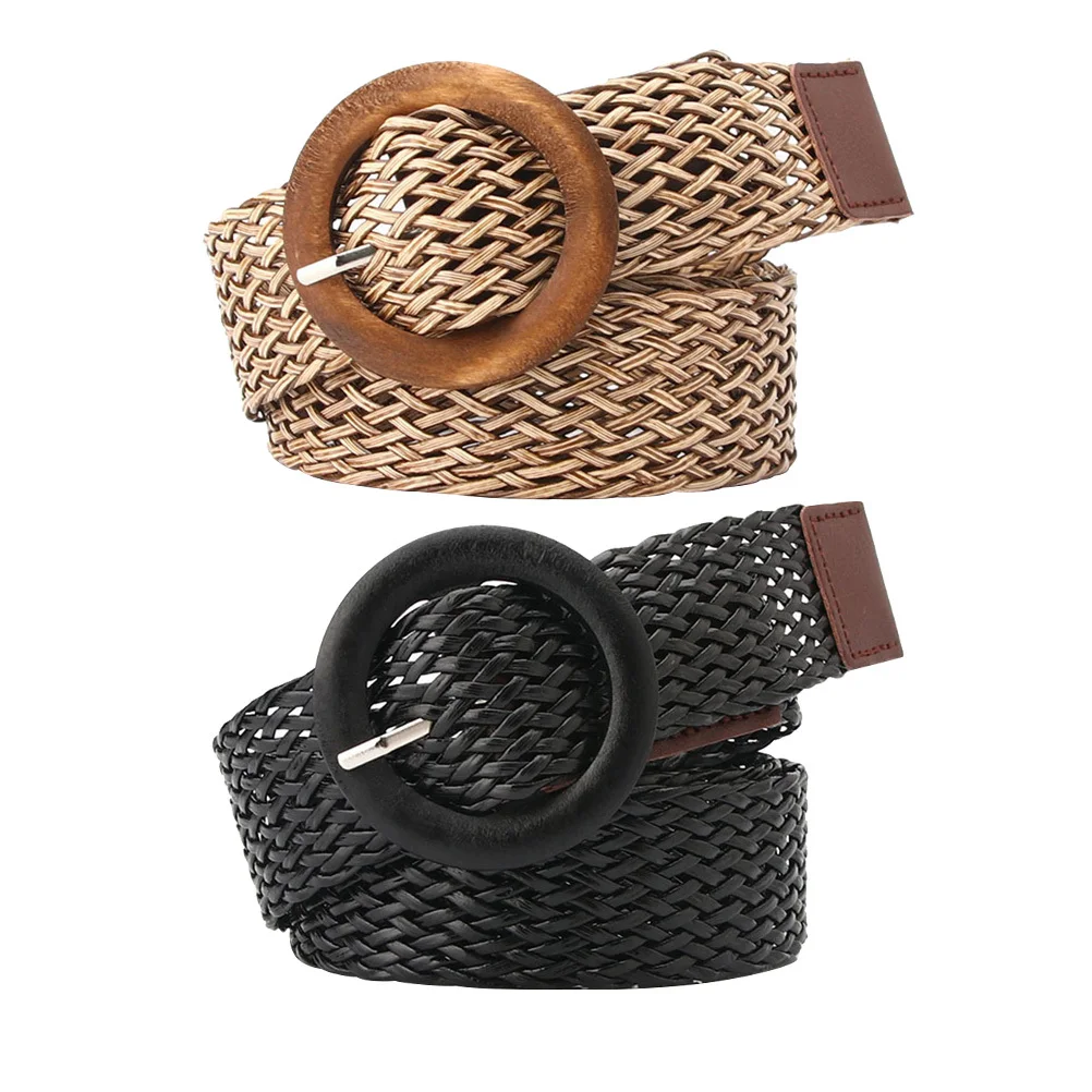 

2Pcs Fashion Weaving Waist Belt Ethnic Style Round Buckle Adjustable Waistband for Dresses Jeans Black Coffee Women Waist Belt
