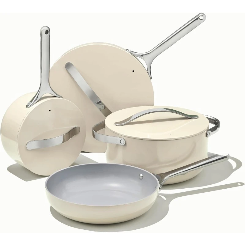 

Nonstick Ceramic Cookware Set Pots, Pans, 3 Lids and Kitchen Storage - Non Toxic - Oven Safe & Compatible with All Stovetops