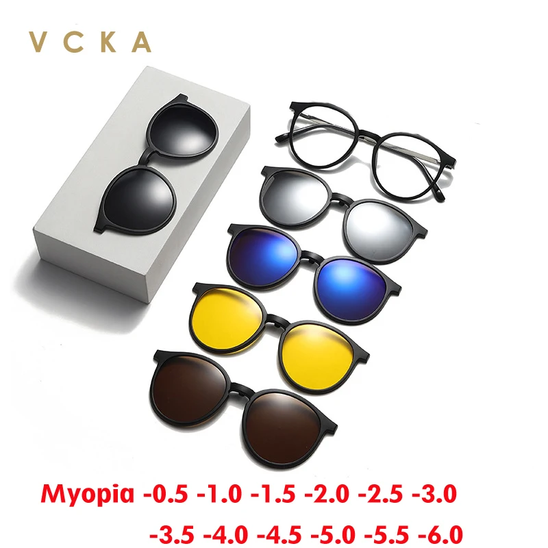 

VCKA 1 Frame +5 clips Round Magnetic Sunglasses Fashion Spectacles Men Women Polarized Custom Prescription Glasses -0.5 TO -6.0