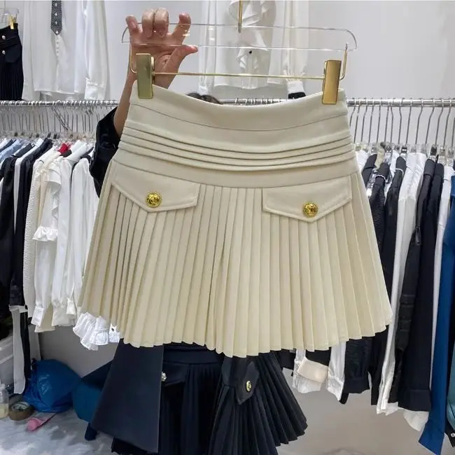 กระโปรงสั้นทรงเอพลีทผ้าวูลเอวสูงแฟชั่นสำหรับผู้หญิง