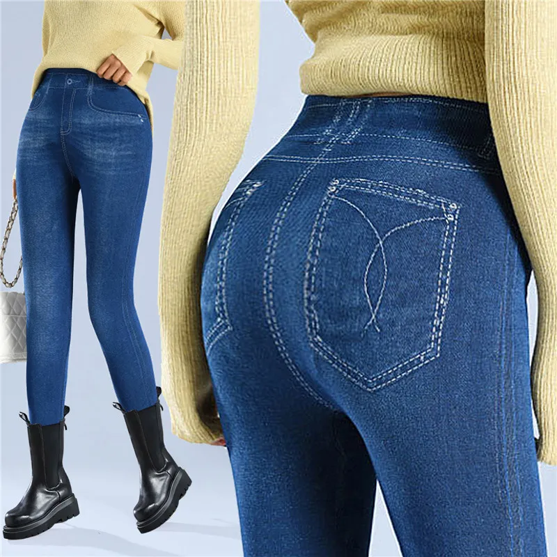 Faux Denim Leggins Fleece Faux Jeans Trousers Push Up Elastic High Waist Women Leggings Sports Pants Warm Plush Pencil Pants