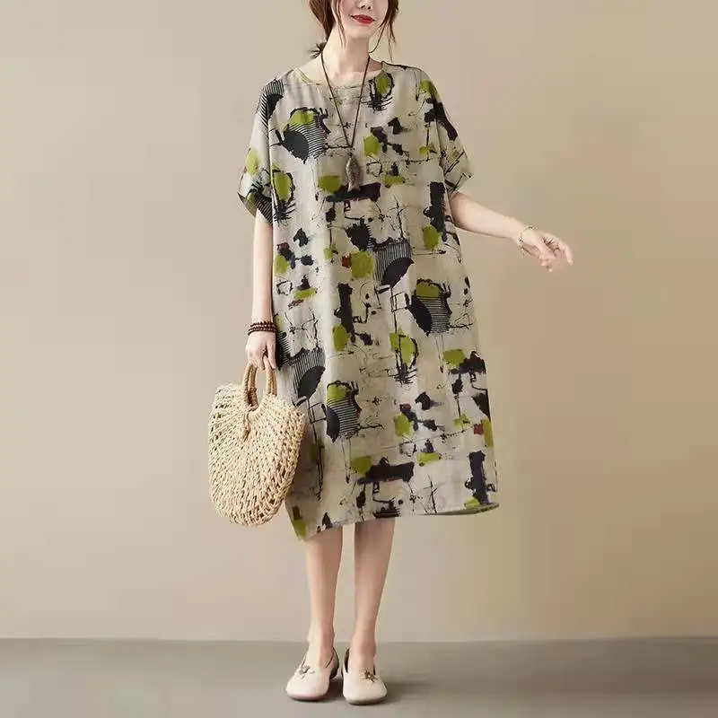 

Summer New Ethnic Style Featured Print Loose Short Sleeve Round Neck 3D Floral Oblique Pocket Insertion A-line Mid-Calf Dress