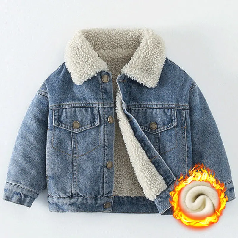 

Winter Kids Fleece Denim Jacket Boys Thick Outerwear 0-7Y Young Children Casual Clothes Autumn Girl Long Sleeve Solid Coats 2023