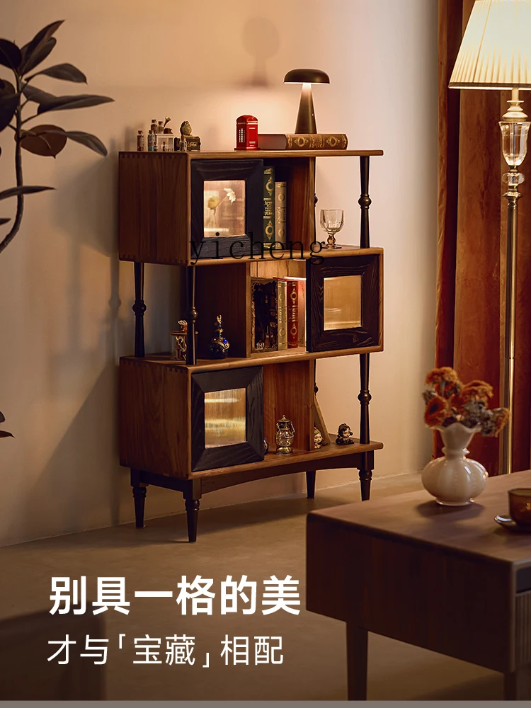 

ZZ retro contrasting color black short bookcase black walnut solid wood antique living room entrance cabinet