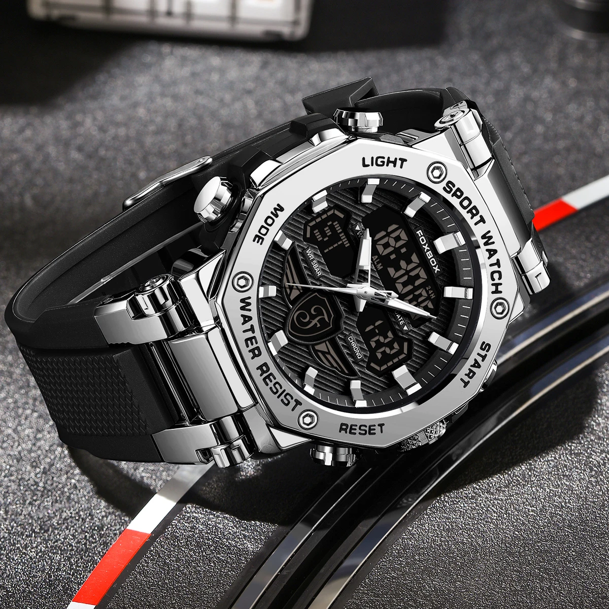 FOXBOX Men's Lightweight Sports Wrist Watch Dual Display Time Night Light Watches Boy's Quartz Stopwatch Multifunctional