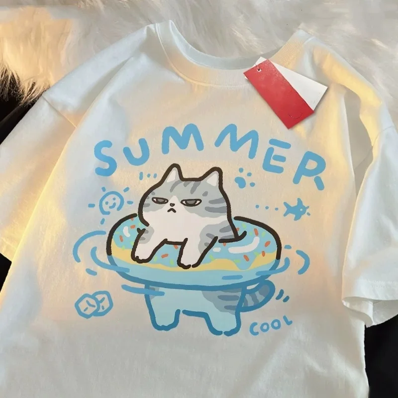 

2025 Vintage Swim Cat Graphic TShirt For Men 100% Cotton Summer Beach Party Oversized Casual Wear With Artistic Animal Design