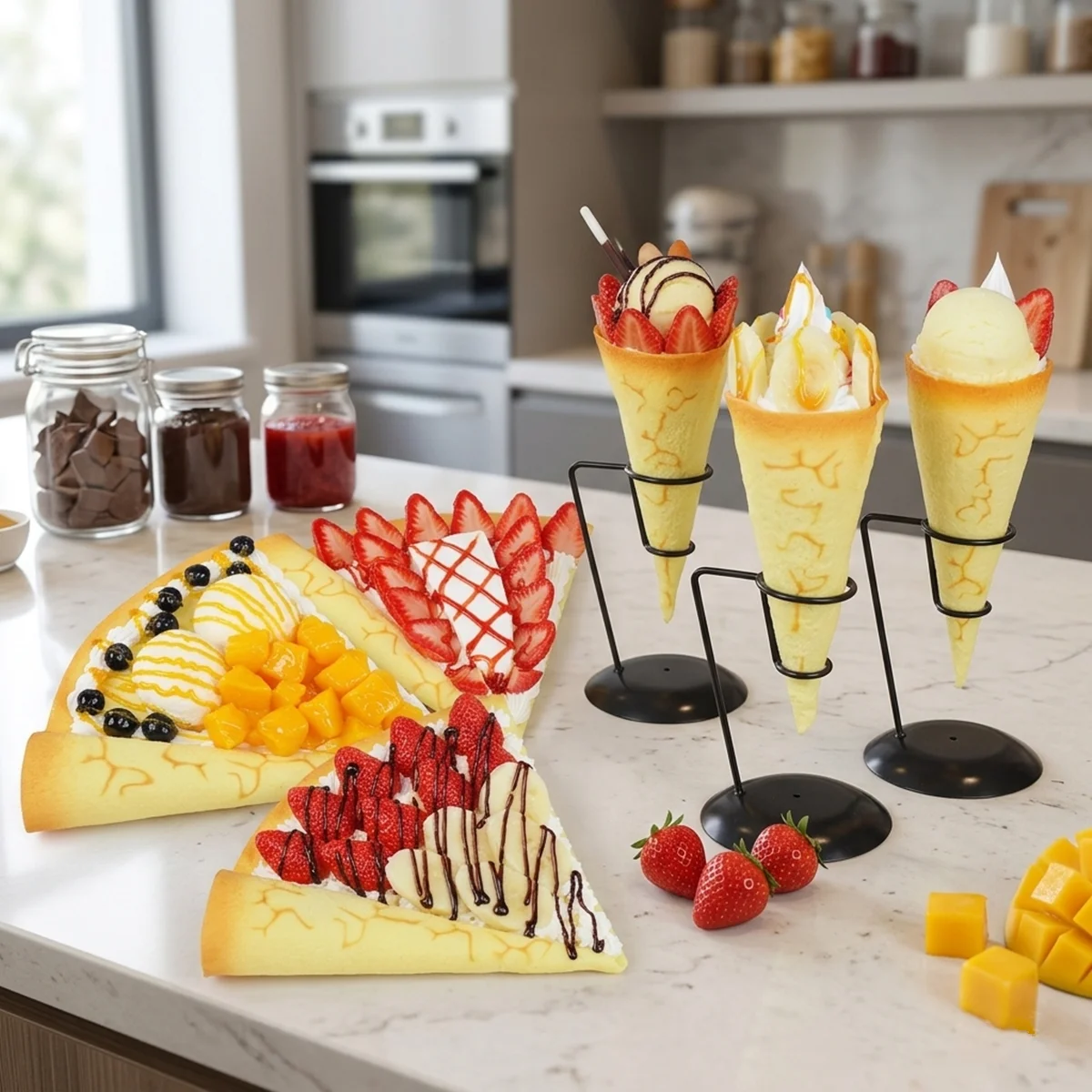 Modèle de crêpe artificielle, fausse cornet de crème glacée de simulation, dessert avec garnitures aux fruits, accessoires réalistes pour la photographie culinaire, décoration pour café et boutique