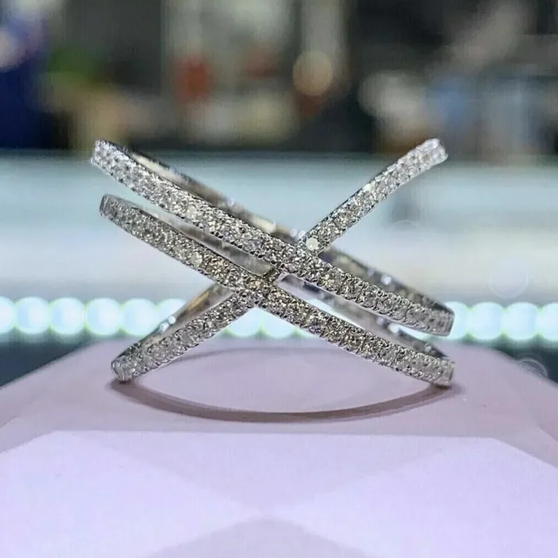 Huitan Trendy Innovative Cross Rings for Women Brilliant Cubic Zirconia Finger Accessories Charms Creative Wedding Party Jewelry