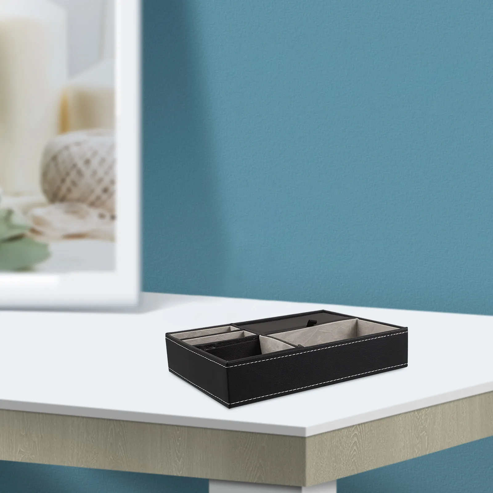 Multifunctional PU Desk Tray Organizer Wood Storage for Office Home Nightstand Mobile Phone Jewelry Keys Accessories view 5