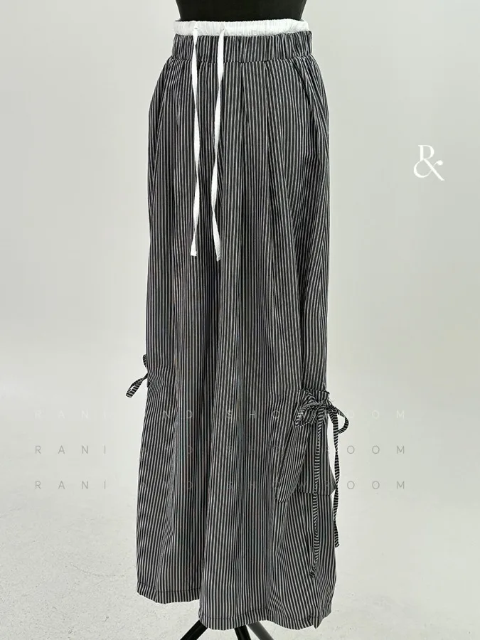 아메리칸 스타일 레트로 스트라이프 캐주얼 바지 여성 여름 새로운 탄성 허리 벨트 넓은 다리 긴 바지 여러 포켓