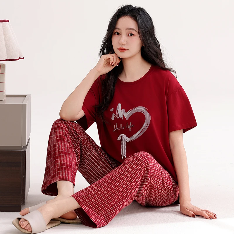 High Quality Summer Women Pajamas Set Female 100% Cotton Short Sleeve Long Pants Homewear