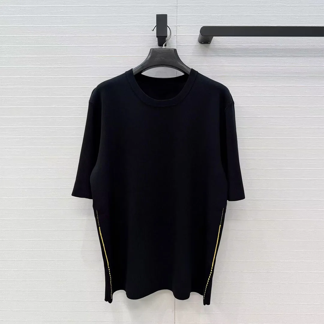 2026 New Summer Fashion Knitted Tops Women Gold Thread Embroidery Sweet O-neck Short Sleeved Knitting Casual T-shirt