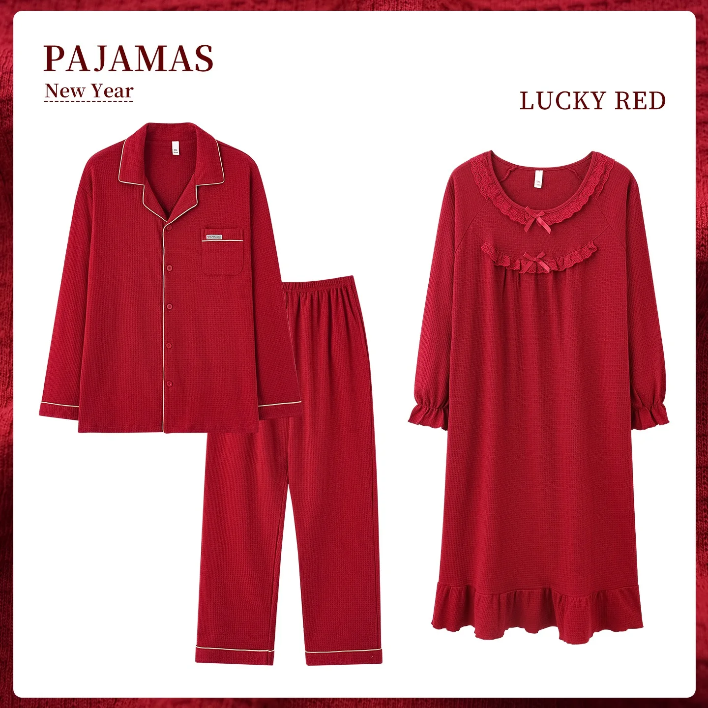 

Couples Home Dress Soft Cotton Long Sleeve Cardigan Pyjamas Male Festive Red Color Nightgowns Dressing Gown For Young Female