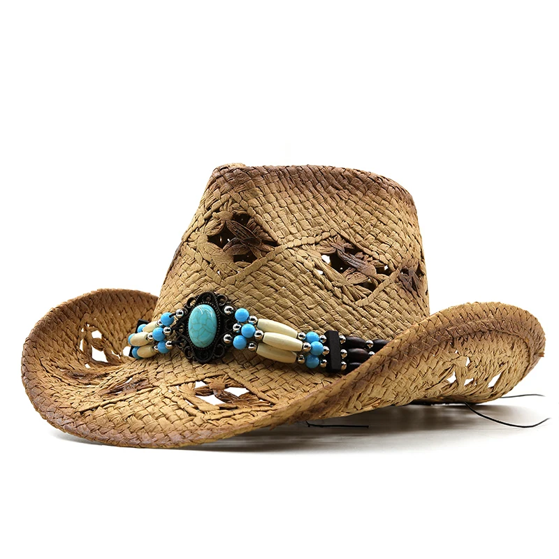 New Summer khaki Paint Spraying Lafite Straw Cowboy Hats Summer Men Women Wide Brim Sun Protection Hat Panama Beach Cap Adult