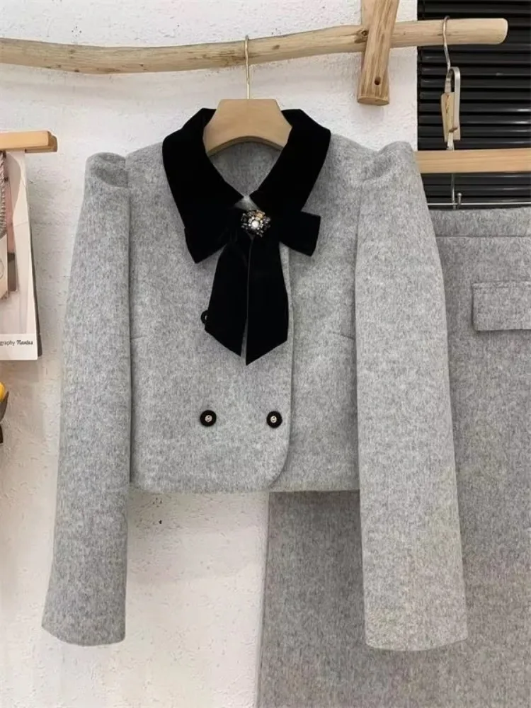 Insozkdg Elegant Skirt Suits Women Suit Jacket 2024 Autumn and Winter High Temperament Wool Coat Top Long + Skirt Two-piece Set