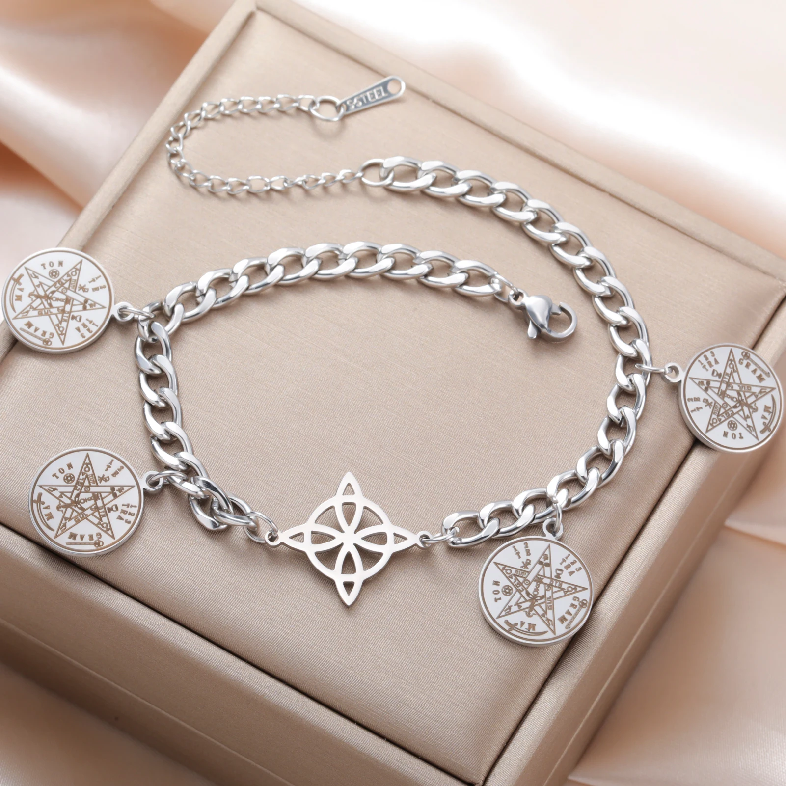 Lucktune الساحرة عقدة Tetragrammaton الله اسم ختم سوار Charm الفولاذ Seel المرأة اليد أساور سليمان تميمة مجوهرات