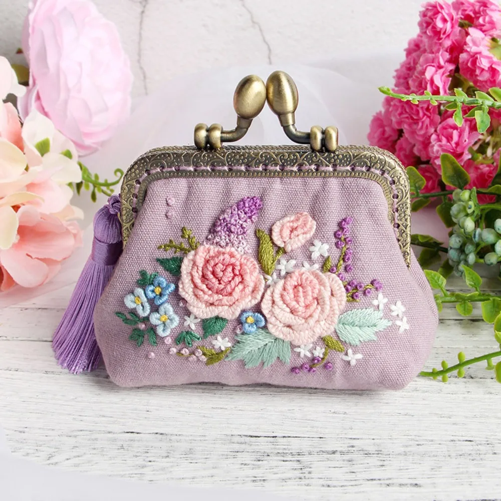 Embroidery DIY Ribbon Flowers Bags Purse Wallet Handbag, Cross Stitch Kit for Beginner Needlework Sewing Arts Craft Friend Gifts