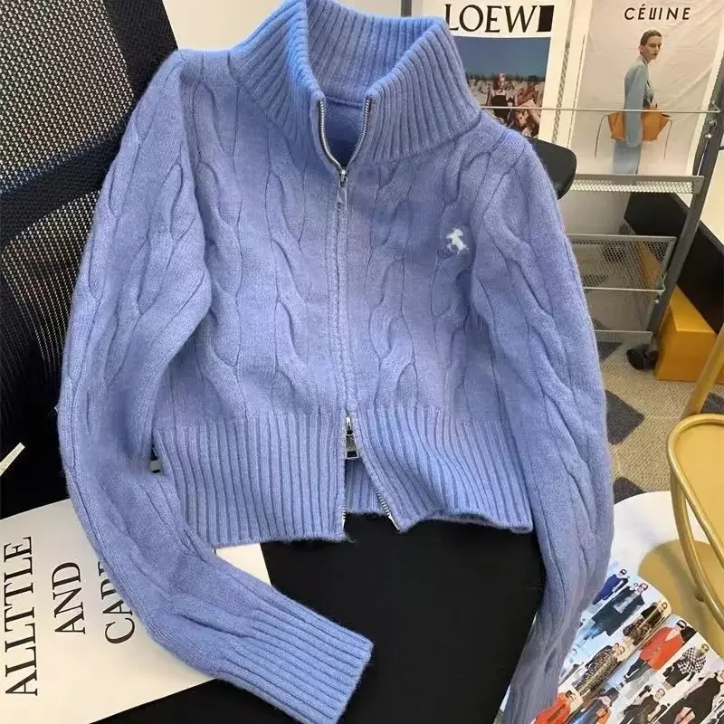 Vintage Korean Style Stand Collar Sweater Jacket Autumn/Winter Age-Reducing Zipper Embroidery Knitted Cardigan University Top