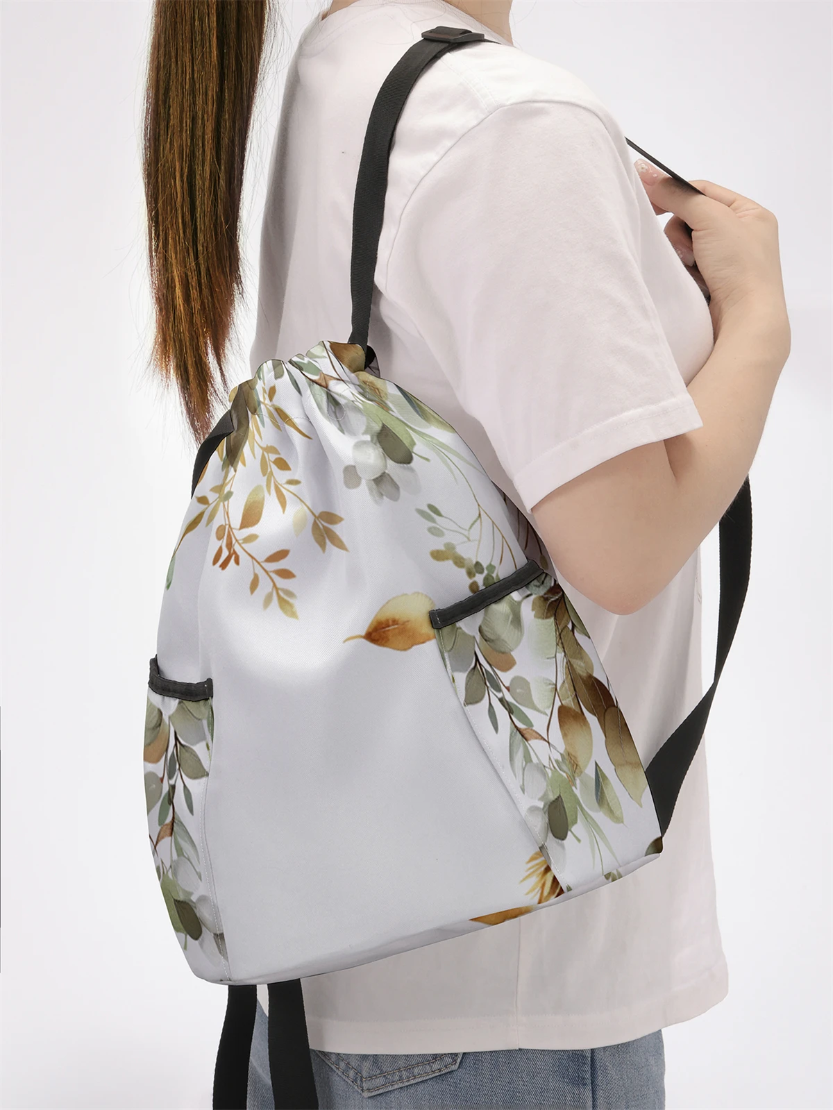 Mochila com cordão padrão de folha – Bolsa de fitness durável de grande capacidade, alças ajustáveis, mochila esportiva de praia