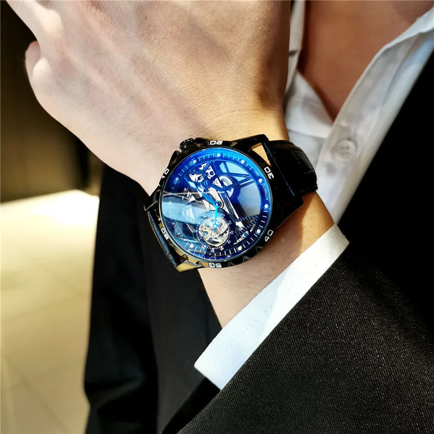 Luxury Men Watches Automatic Mechanical Wristwatch Skeleton Design Waterproof Leather Strap Male Watch Reloj Hombre AOKULASIC