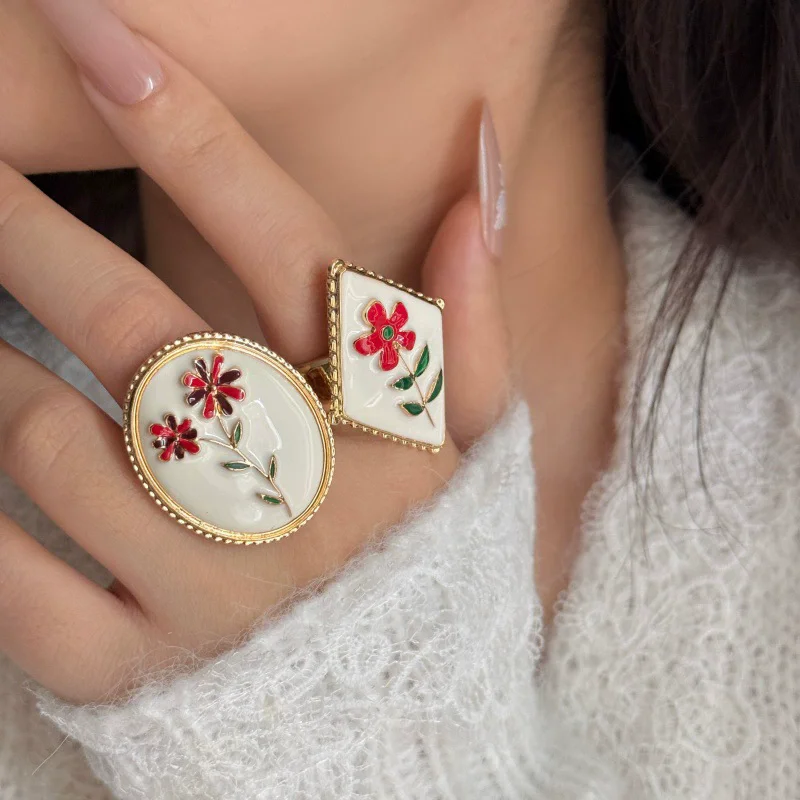 HangZhi Vintage Enamel Drip Glazed Painted Flower Open Ring Elegant Luxury Rose Geometric Jewelry for Women New