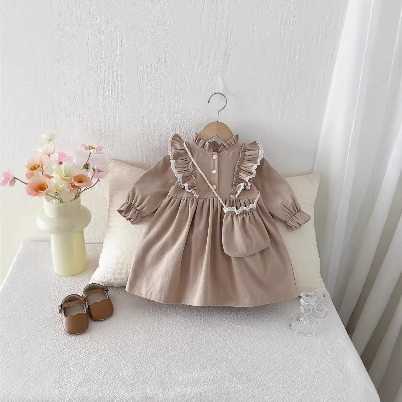 

Spring and autumn children's dress with ruffled edges, long-sleeved princess dress, vintage style, stylish dress for girls with