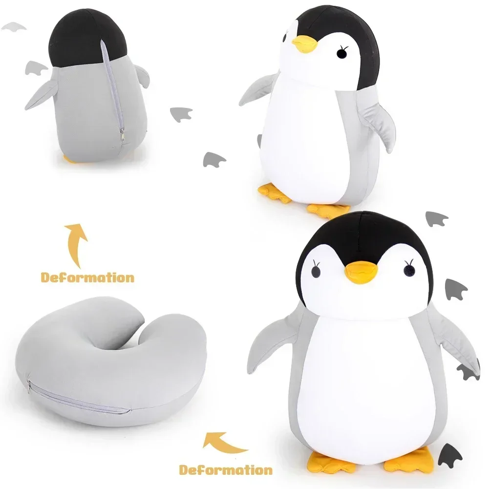 Travel Neck Pillow U-Shaped Plush Pillow Cute Zip and Flip Penguin Deformable Cushion Supports Your Head Neck Chin for Adult