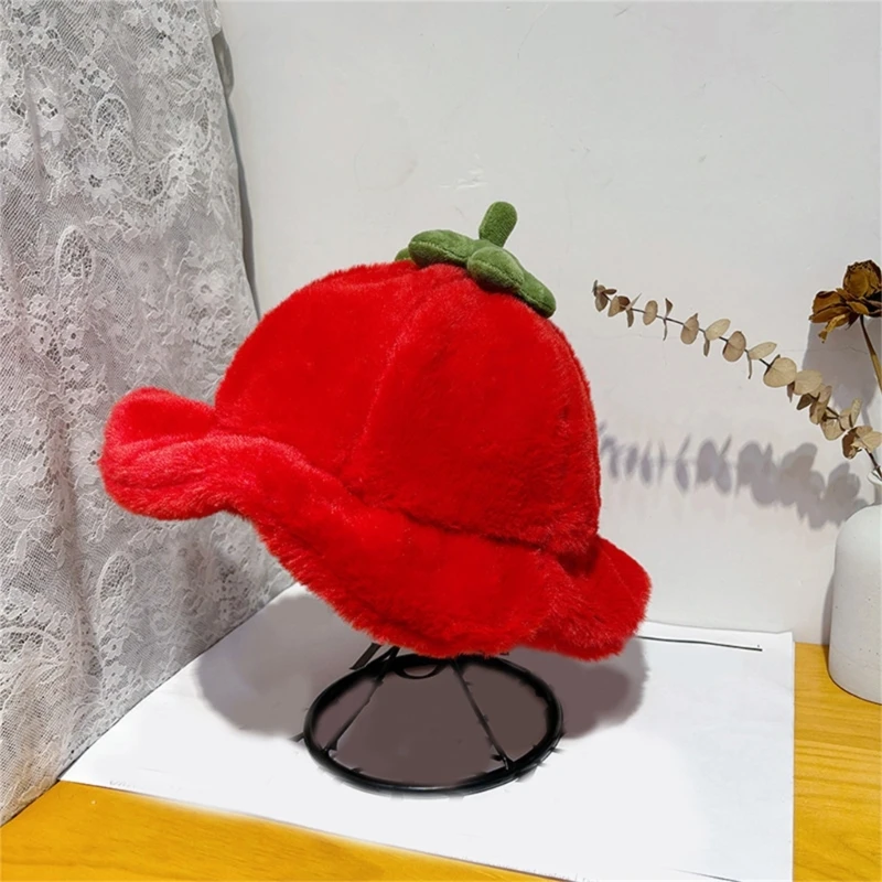 Furry Hat for Unisex Persimmon for Party Prom Vacation Hat Thicken Xartoon Bucket Hat Warm Hat Photo Props