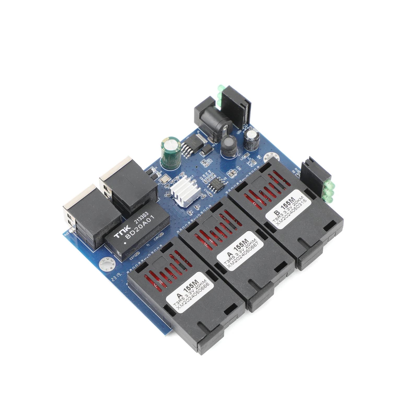 10 M/100 M Glasvezel Media Converter 2 RJ45 naar 3 SC 2A + 1B Optische Connector 1310nm/1550nm Poorten PCBA Board 20 KM Ethernet Switch