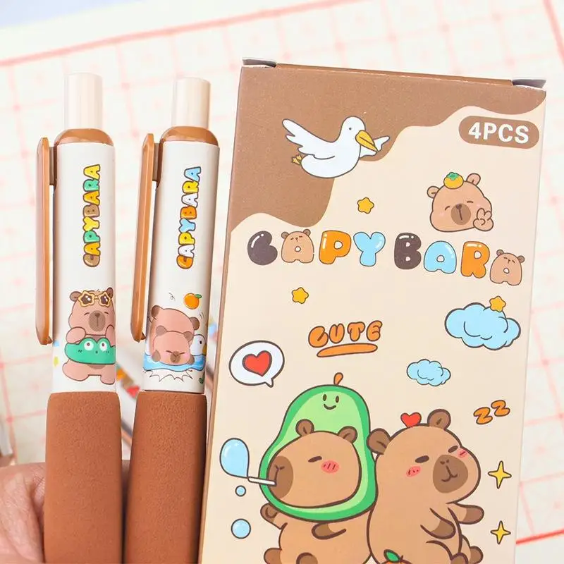 4 szt. długopisów żelowych z kapibarą, miękki uchwyt gąbkowy, szybkoschnące długopisy żelowe, zestaw artykułów biurowych i szkolnych, kawaii, artykuły papiernicze dla uczniów