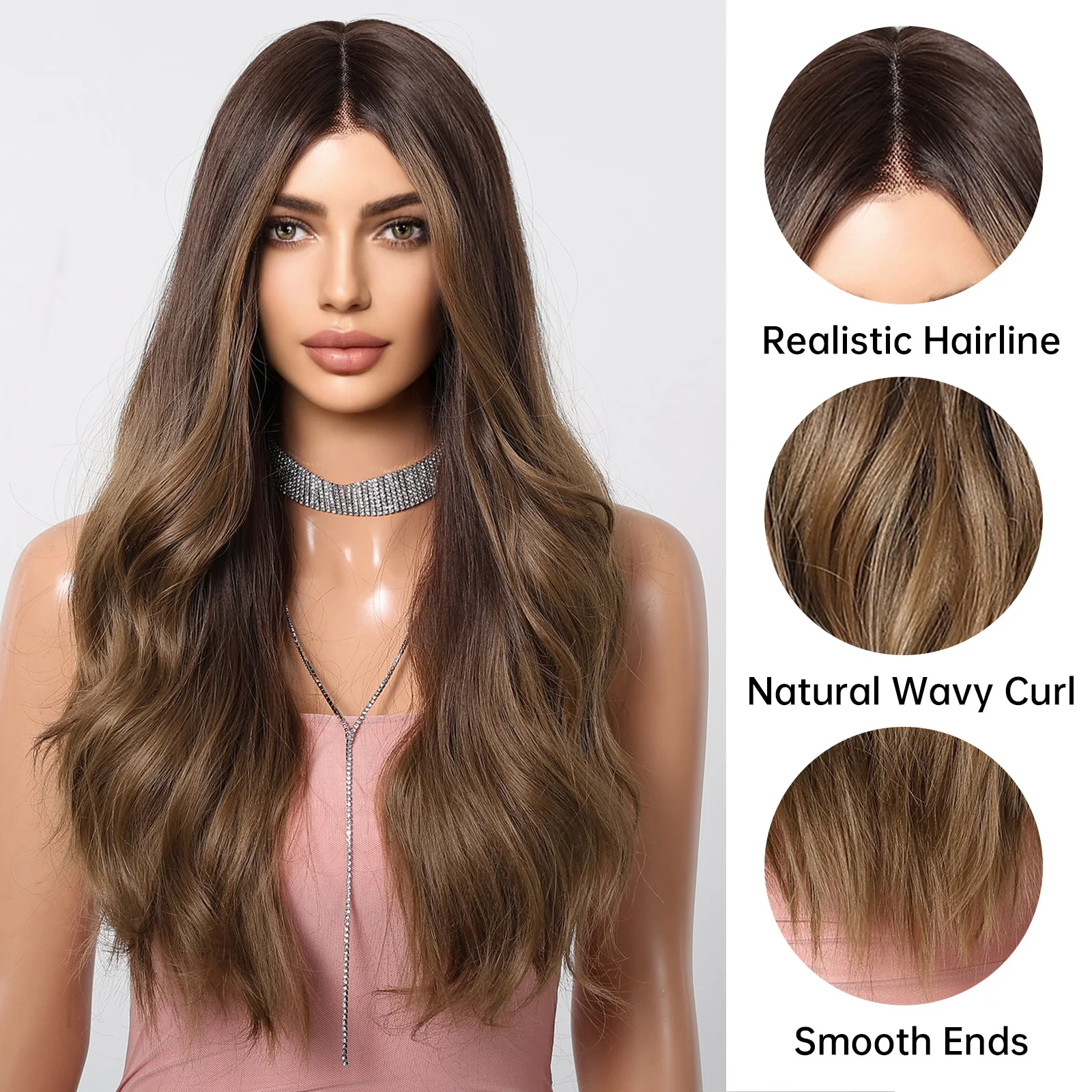 LOUIS FERRE Lace Front Wig Natural Brown Wigs for Women Ombre Auburn Long Curly Synthetic Wig Middle Part Hair Daily Wear Wig