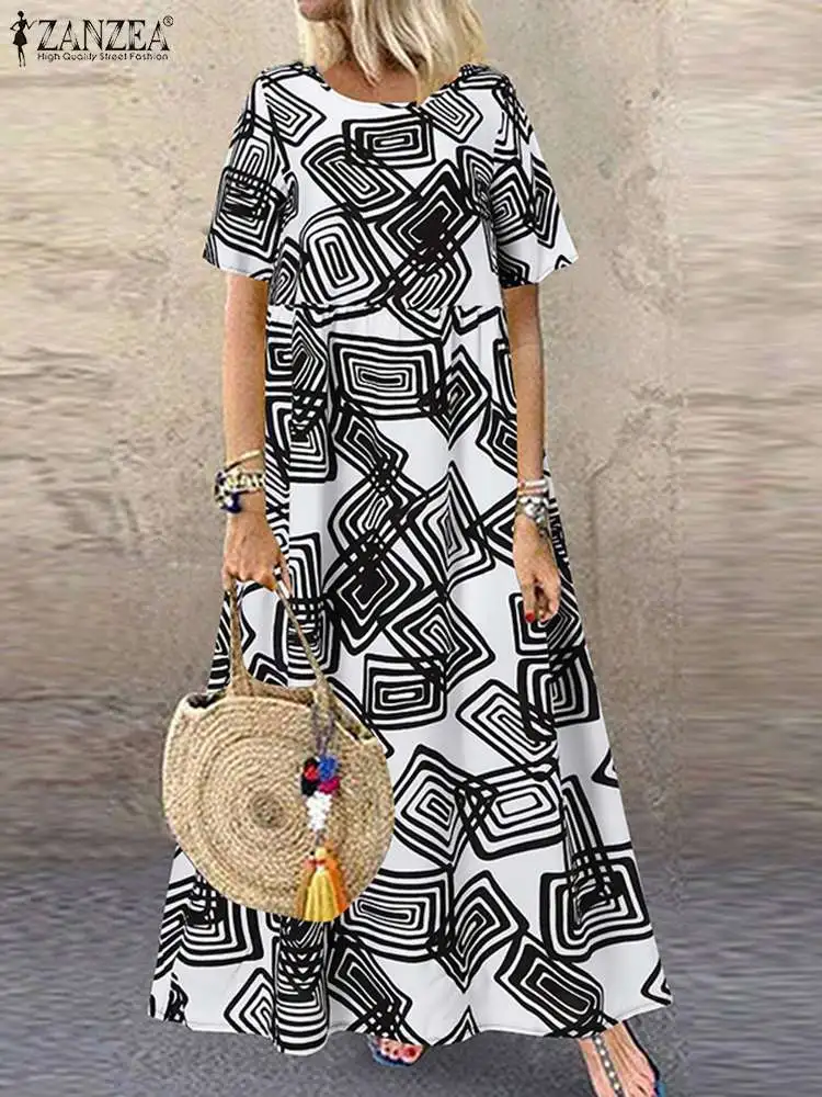 2023 ZANZEA Vintage Summer Women Dress manica corta geometrica stampata prendisole Robe Femme Bohemian Maxi abiti lunghi Vestidos