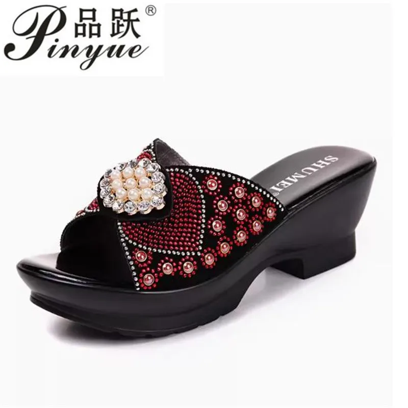 Slippers Woman Rhinestone Genuine Leather Summer Shoes Fashion Wedges Heels Sandals Women\'s Slides slipper Large Size 35--42