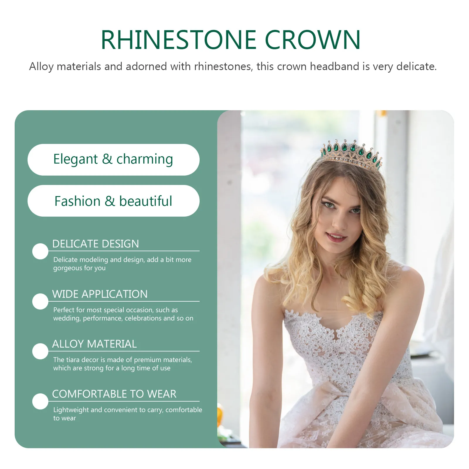 1Pcs Green Crystal For Bridal Wedding Fall Wedding Rhinestone Headdress Alloy Headpiece Elegant Accessory