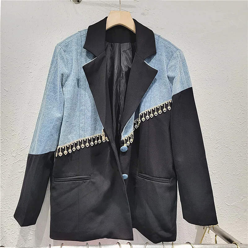 SuperAen Retro Style Chic Denim Patchwork Suit Jacket for Women 2024 Autumn New Fashion Blazer