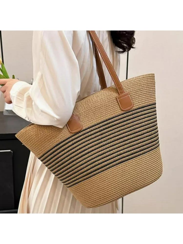 

Женская соломенная большая сумка - летняя пляжная сумка в стиле бохо, большая тканая сумка через плечо с помпонами, кошелек-ведро из ротанга для отпуска