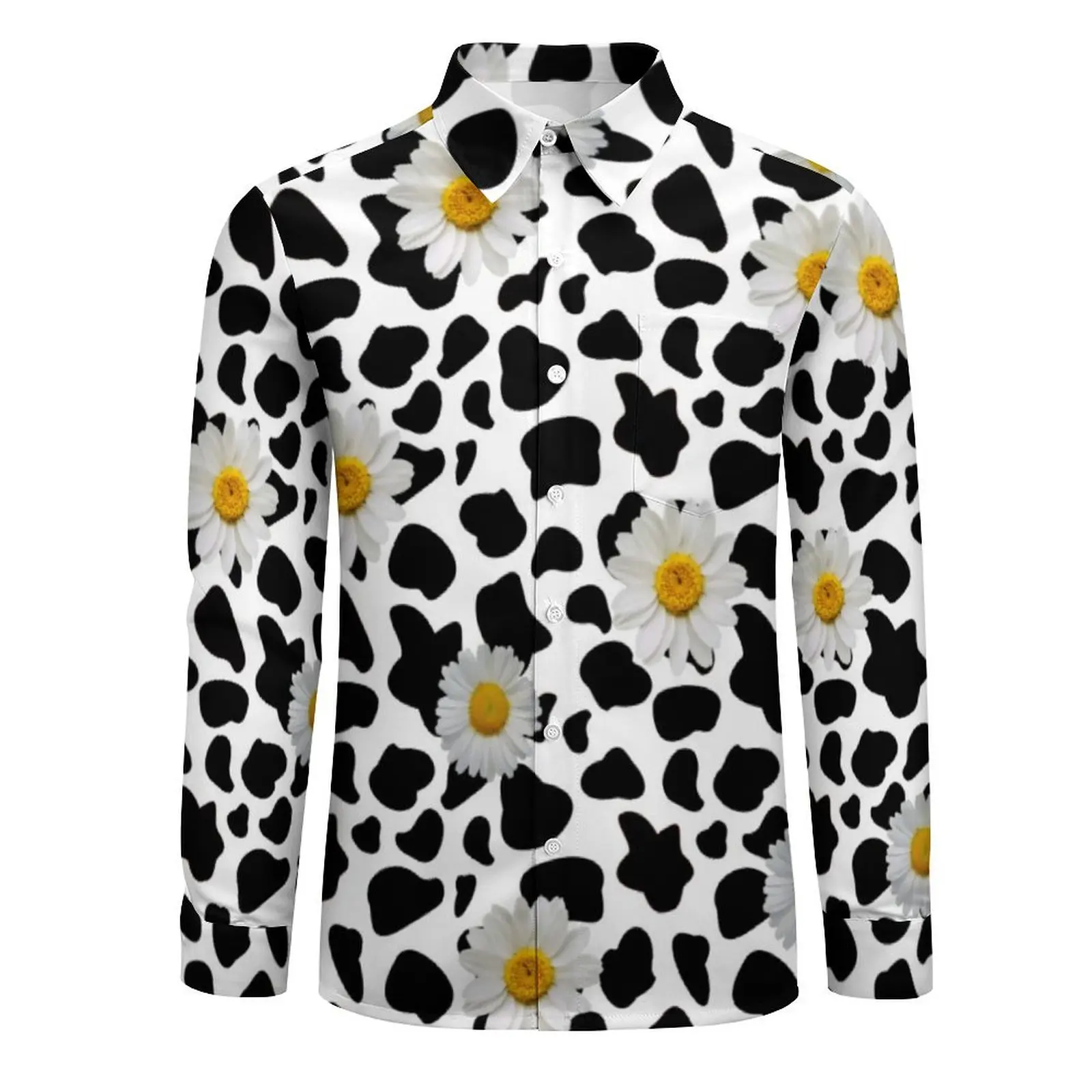 White Daisy Casual Shirt Men Cow Print Harajuku Shirt Spring Vintage Blouses Long Sleeve Graphic Oversize Clothing