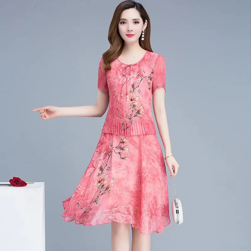 2023 Women's Clothing New Elegant Fashion Casual Patchwork Printing Pleated Short Sleeve Temperament Round Neck Skinny Dresses