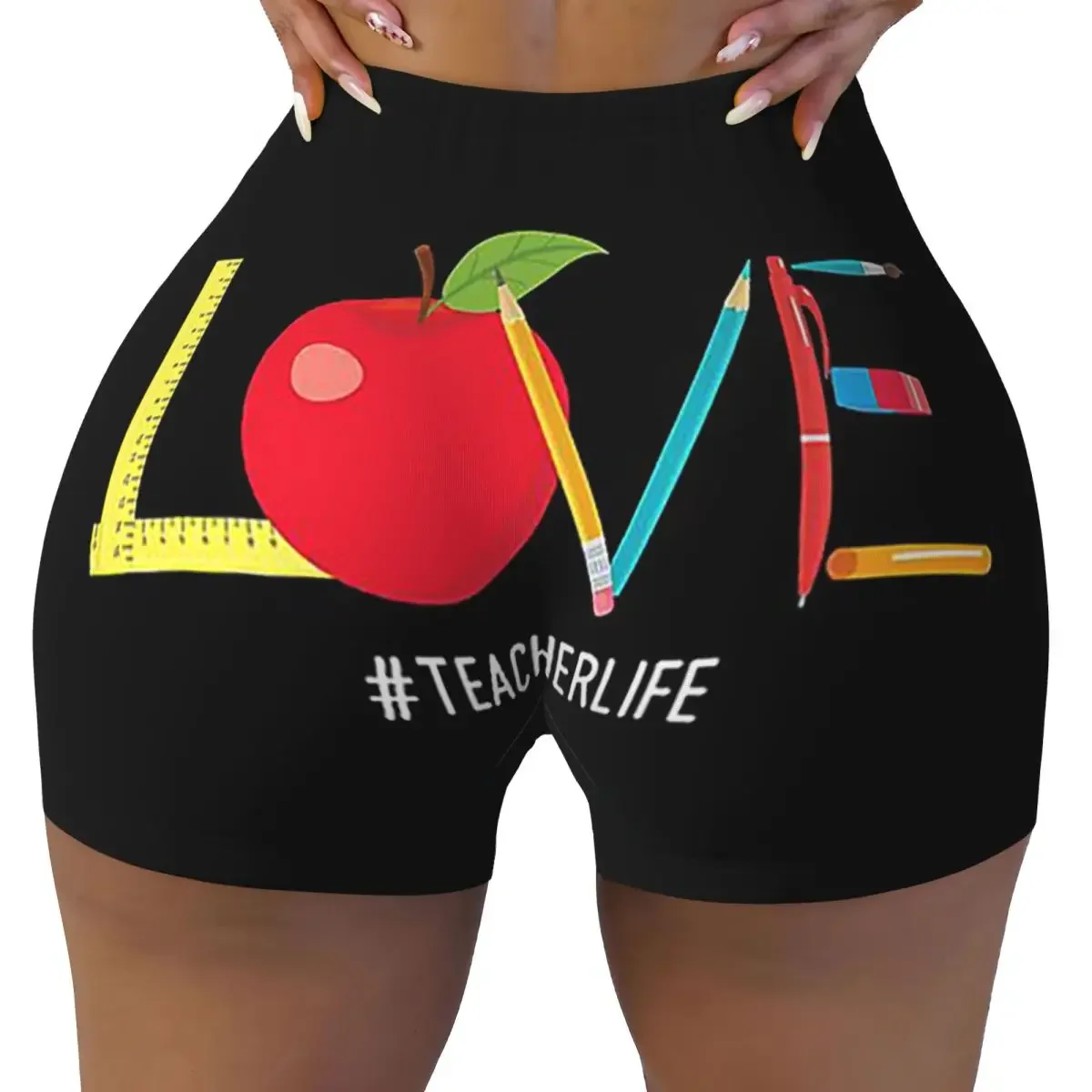 Custom Love Teacher Life Apple Pencil Women Gym Workout Running Shorts Athletic Volleyball Biker Yoga Shorts
