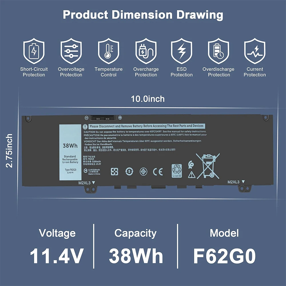 F62G0 39DY5 039DY5 RPJC3 Laptop Battery for DELL Vostro 5370 D1525S D1505G R1605S Inspiron 13 7000 7370 7380 7386 5370 7373