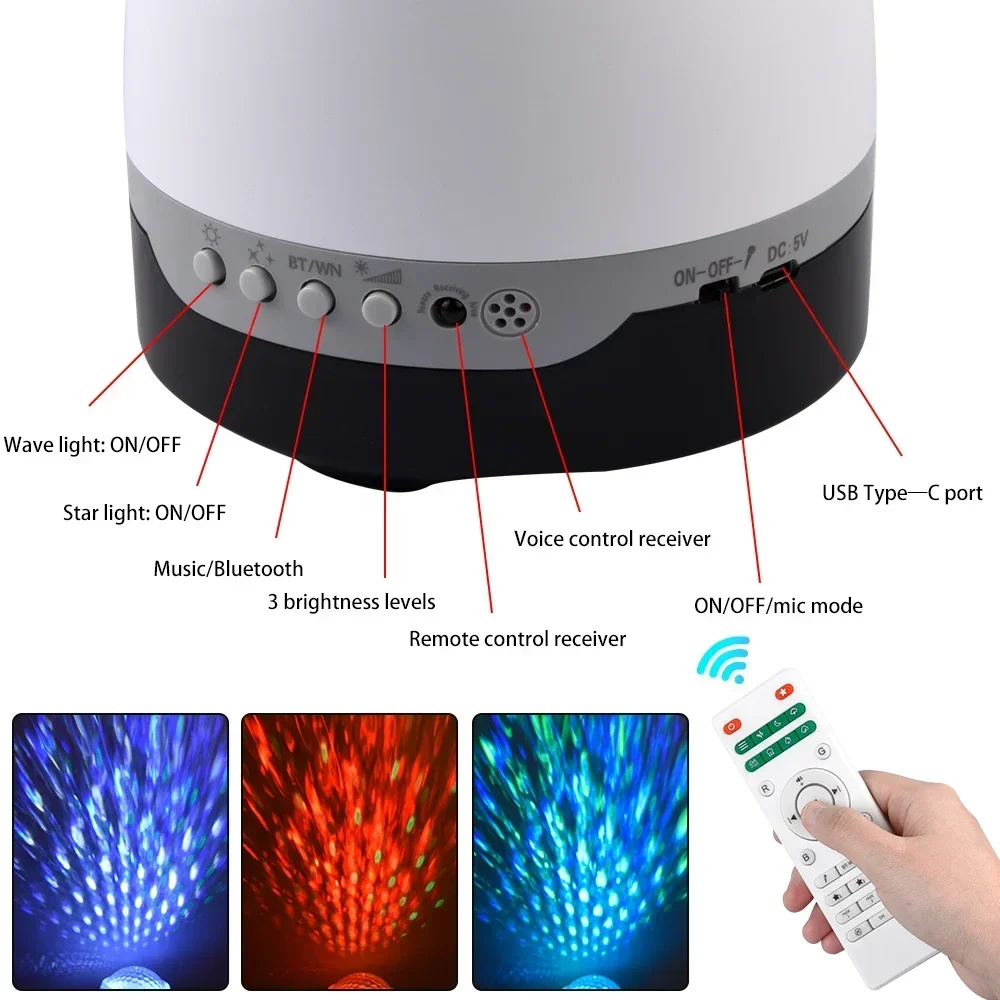 Lâmpada de projeção céu estrelado bluetooth com controle remoto, ambiente recarregável, luz noturna para crianças, decoração de festa, presente