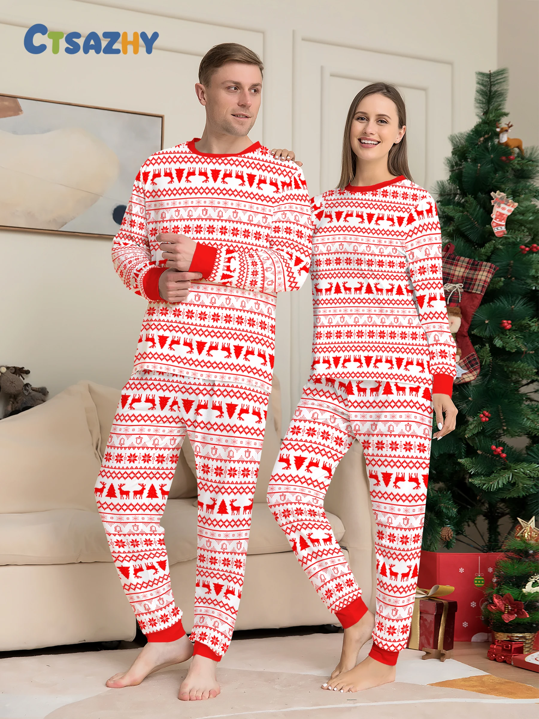 

Christmas Couple Pajamas Set: Red - White Fair Isle Print Matching Sleepwear