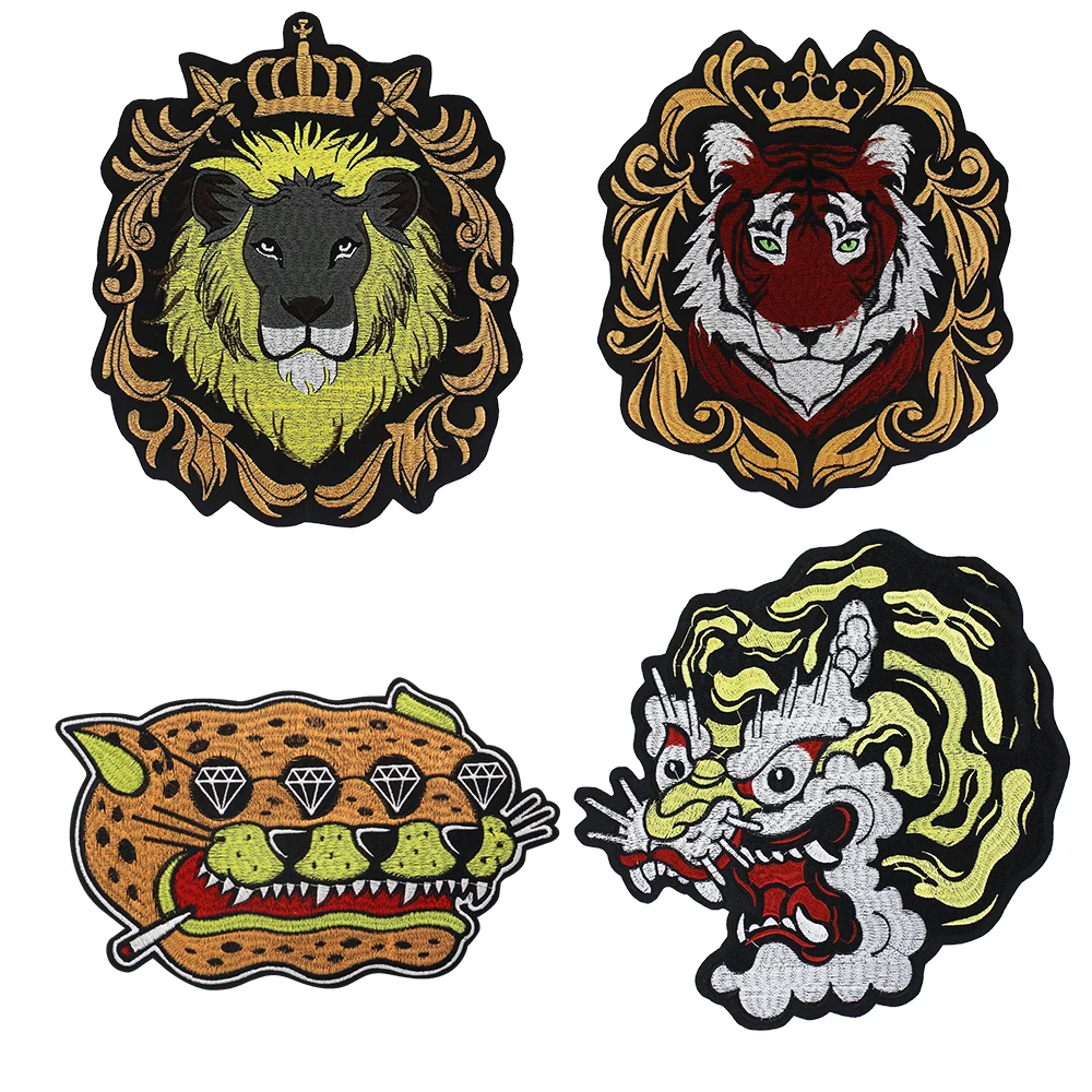 Dragon Lion Tiger Goat Leopard Embroidered Crown Tiger Animal Patches Iron on Applique Badge Accessories DIY Clothes Bag