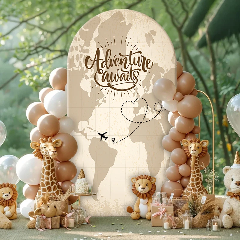 Tło fotograficzne w stylu vintage z mapą świata i motywem samolotów, dekoracja na baby shower, urodziny, rekwizyt do zdjęć. — zdjęcie 6