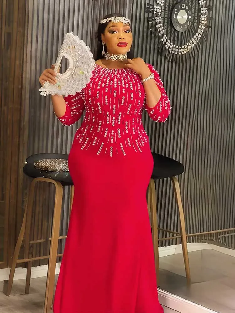 Vestidos de talla grande para mujer elegante fiesta Color sólido diamante vestidos de noche largos Maxi vestido de manga larga venta al por mayor Dropshipping