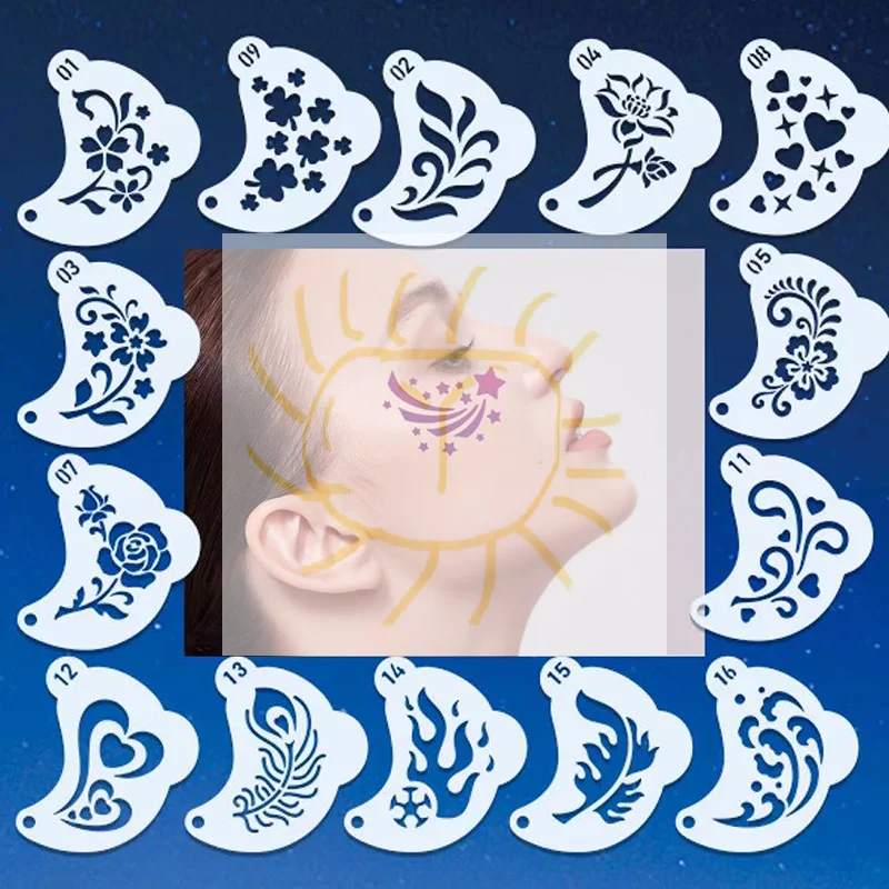 16Pcs Face Painting Tattoo Stencil DIY Hand Drawn Spray Painting Eyebrow Tattoo Template Dance Party Makeup Tools Beauty Sticker