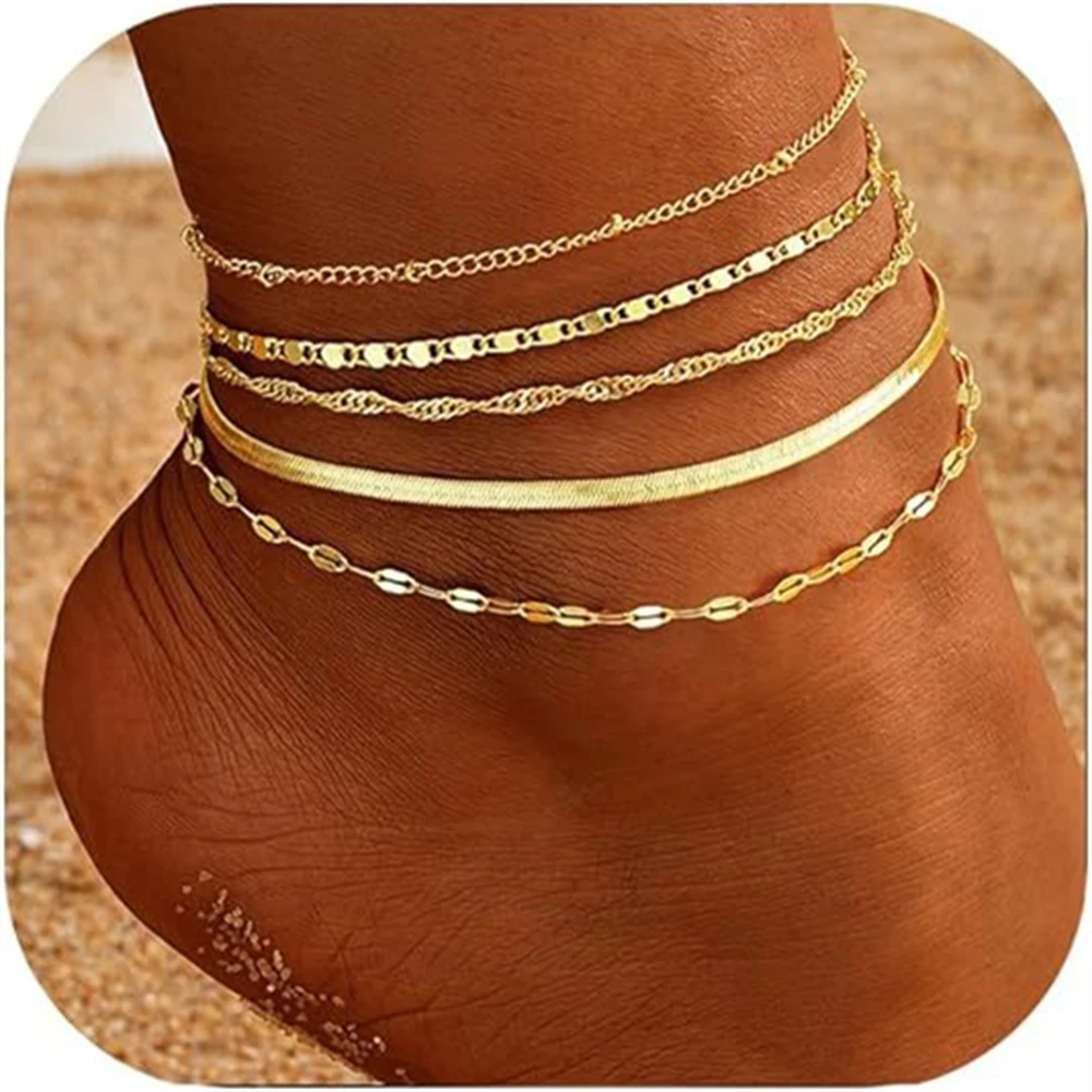 Stainless Steel Anklets Bracelets for Women Crystal Cuban Rope Chain Anklet Adjustable Summer Beach Jewelry Set