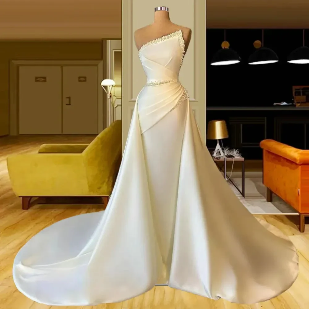 Vestidos de novia de satén sin tirantes de marfil, línea A, tren de barrido de lujo, fruncidos vestidos de novia, personalizado, exquisito, nuevo, 2024